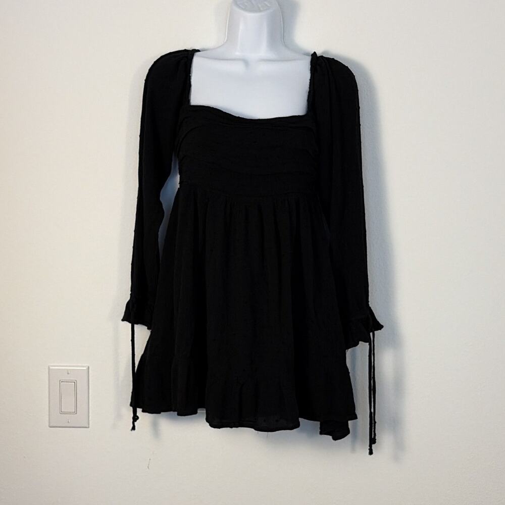 MIA AMI Black Smocked Square Neck Long Puff Sleeve Ruffle A-Line Dress M